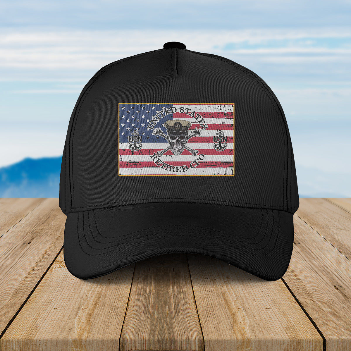 US Navy Retired CPO Chief Skull Crossbones with Distressed American Flag Baseball Cap