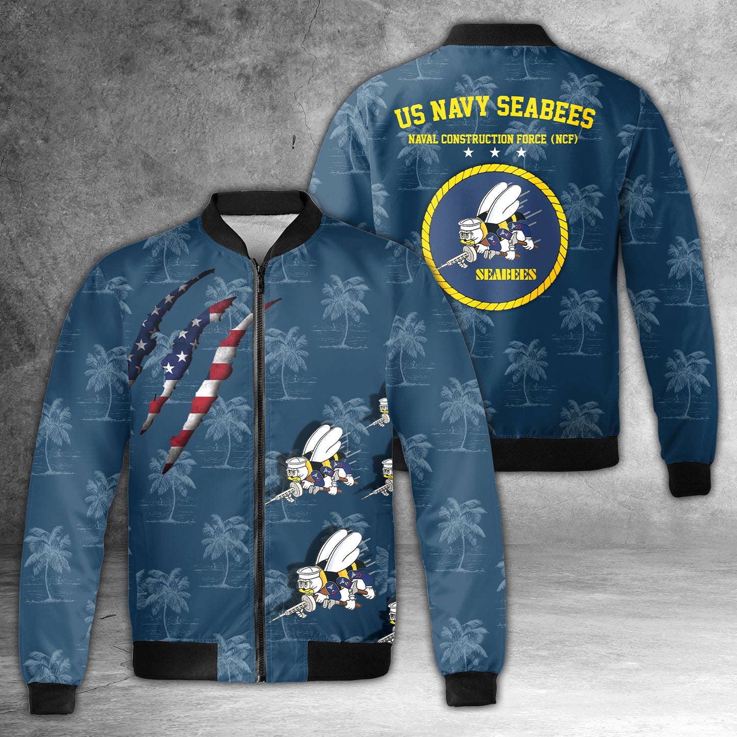 US Navy SEABEES Naval Construction Force (NCF) AOP Fleece Bomber Jacket