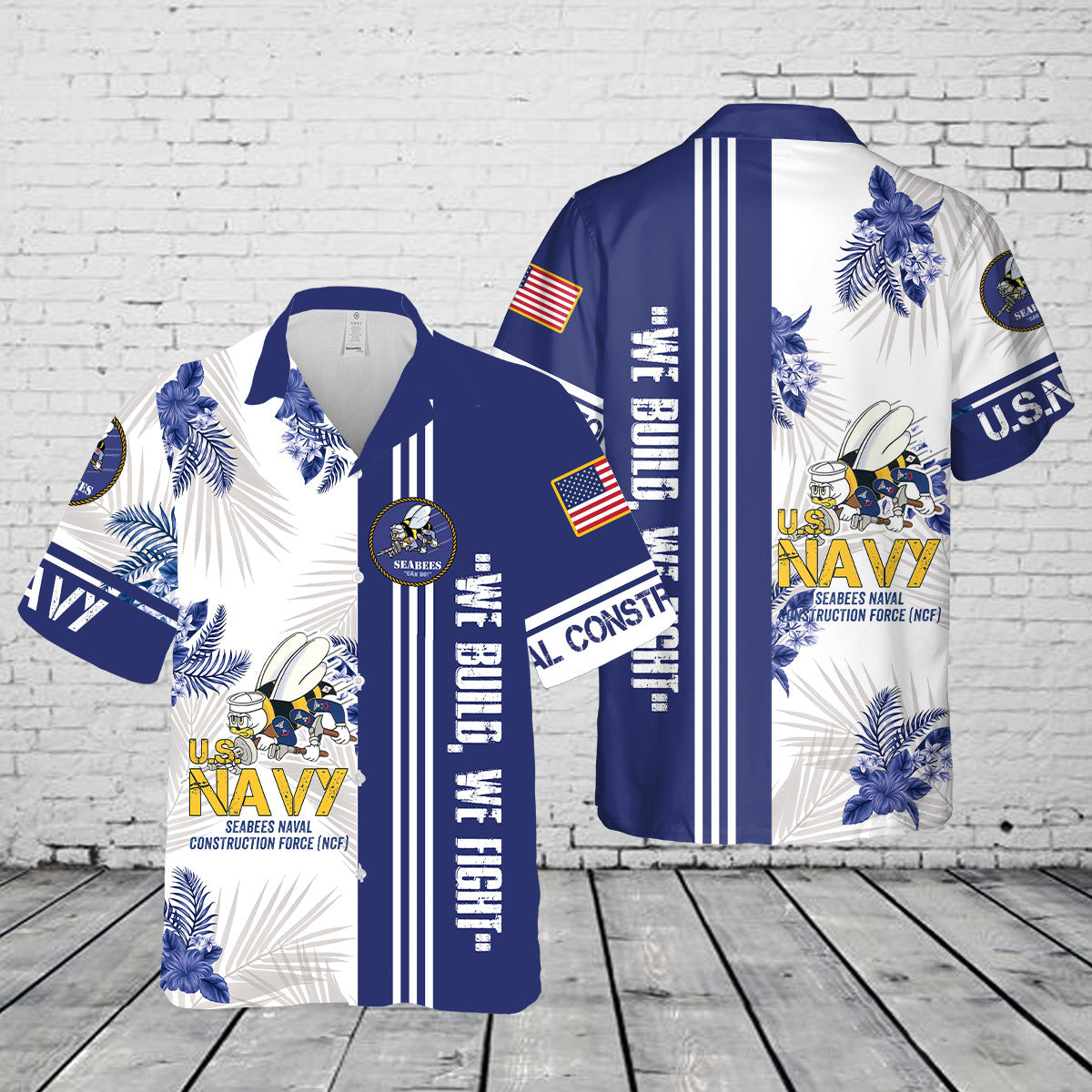 US Navy SEABEES Naval Construction Force (NCF) Pocket Hawaiian Shirt