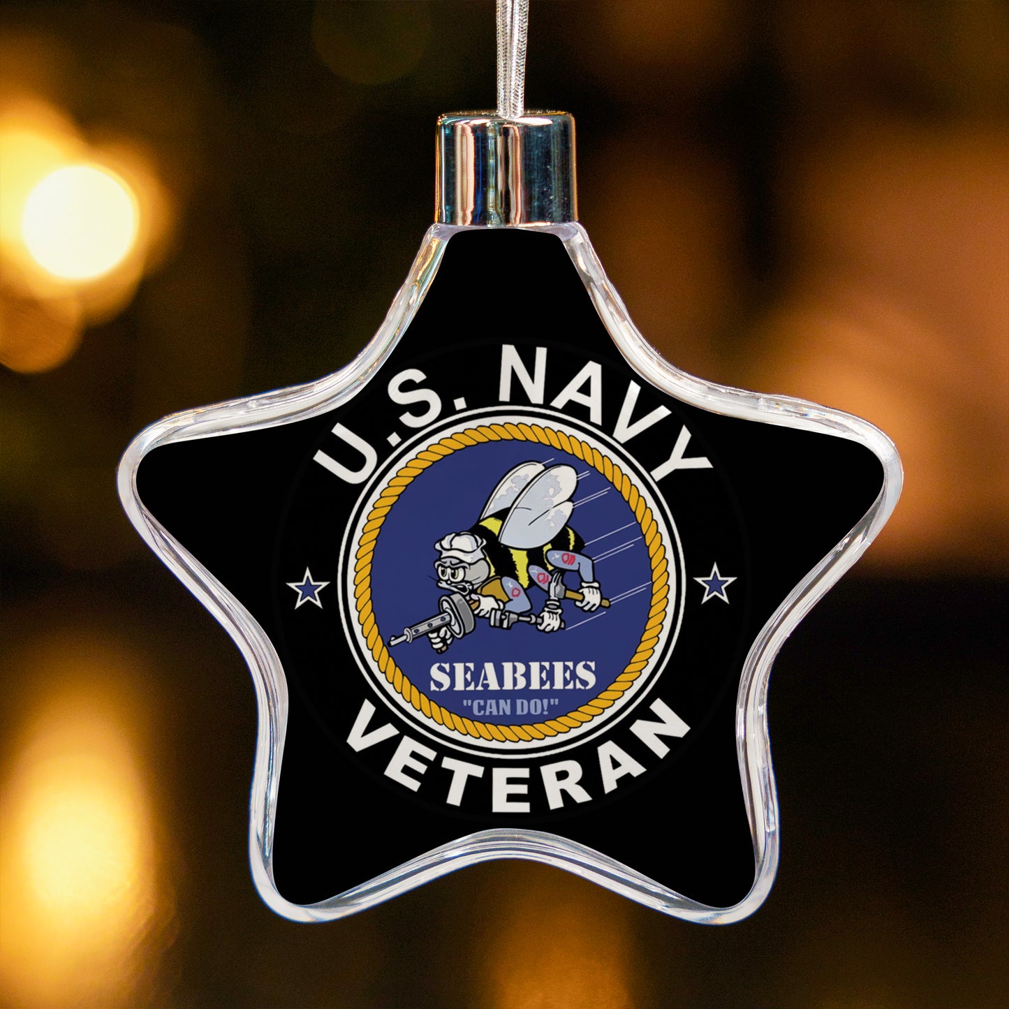 US Navy Seabees Veteran Clear Plastic and Aluminium Ornament