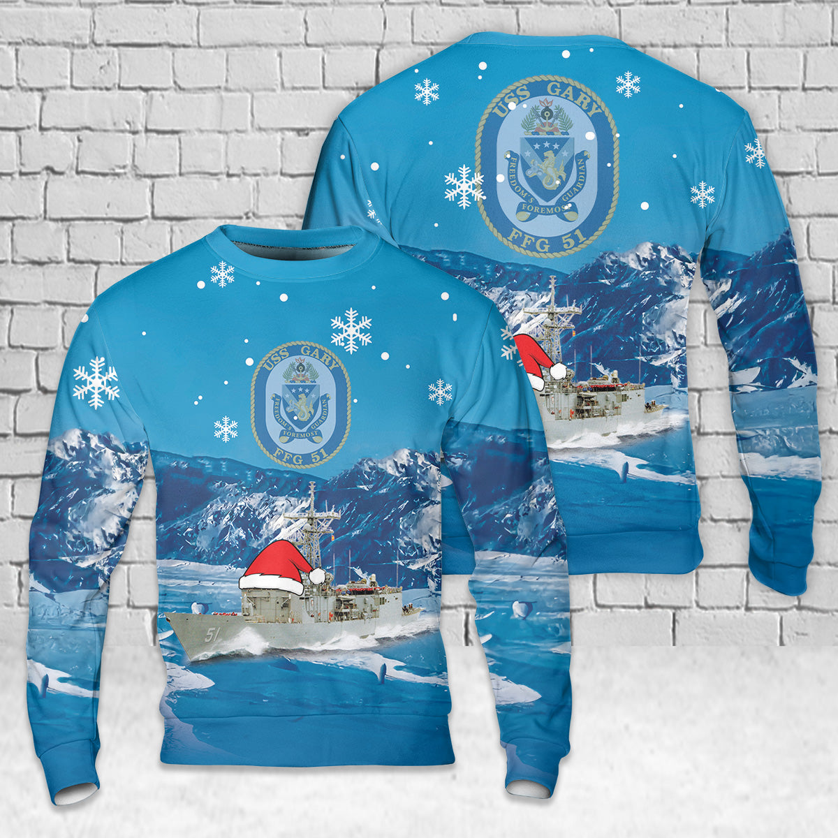 US Navy USS Gary (FFG-51) Oliver Hazard Perry-class frigate Christmas AOP Sweater