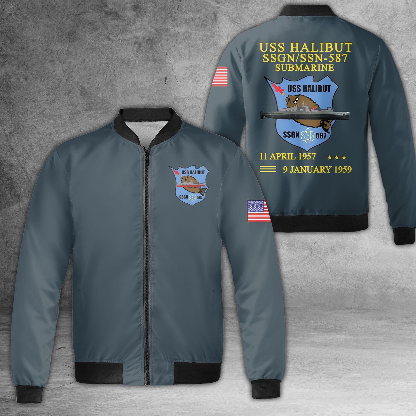 US Navy USS Halibut SSGN/SSN-587 Submarine AOP Fleece Bomber Jacket