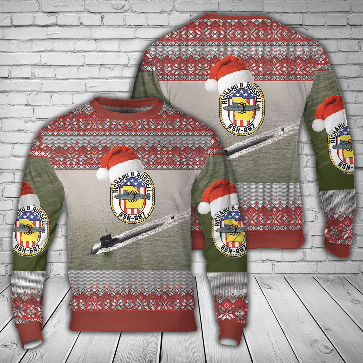 US Navy USS Richard B. Russell (SSN-687) Christmas AOP Sweater