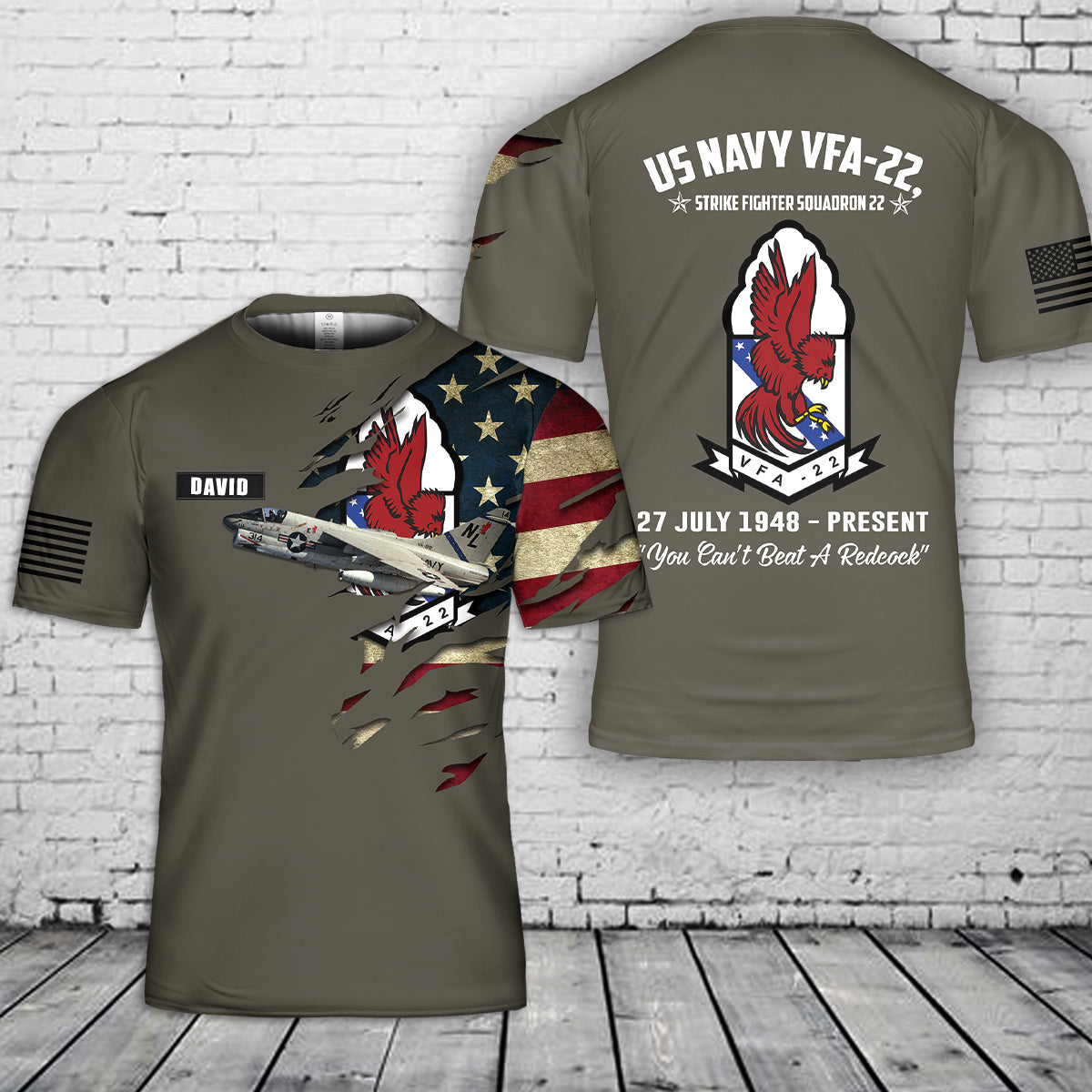 Custom Name US Navy VFA-22, Strike Fighter Squadron 22 "Fighting Redcocks" A-7E Corsair II aircraft 3D T-Shirt