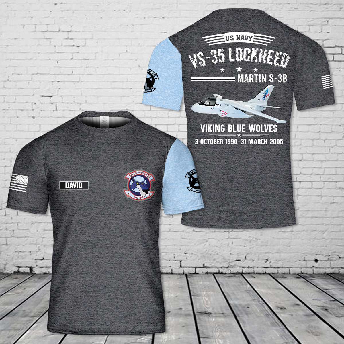 Custom Name US Navy VS-35 (1990-2005) Lockheed Martin S-3B Viking Blue Wolves 3D T-Shirt
