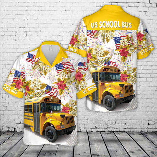 US School Bus, 4th Of July Hawaiian Shirt