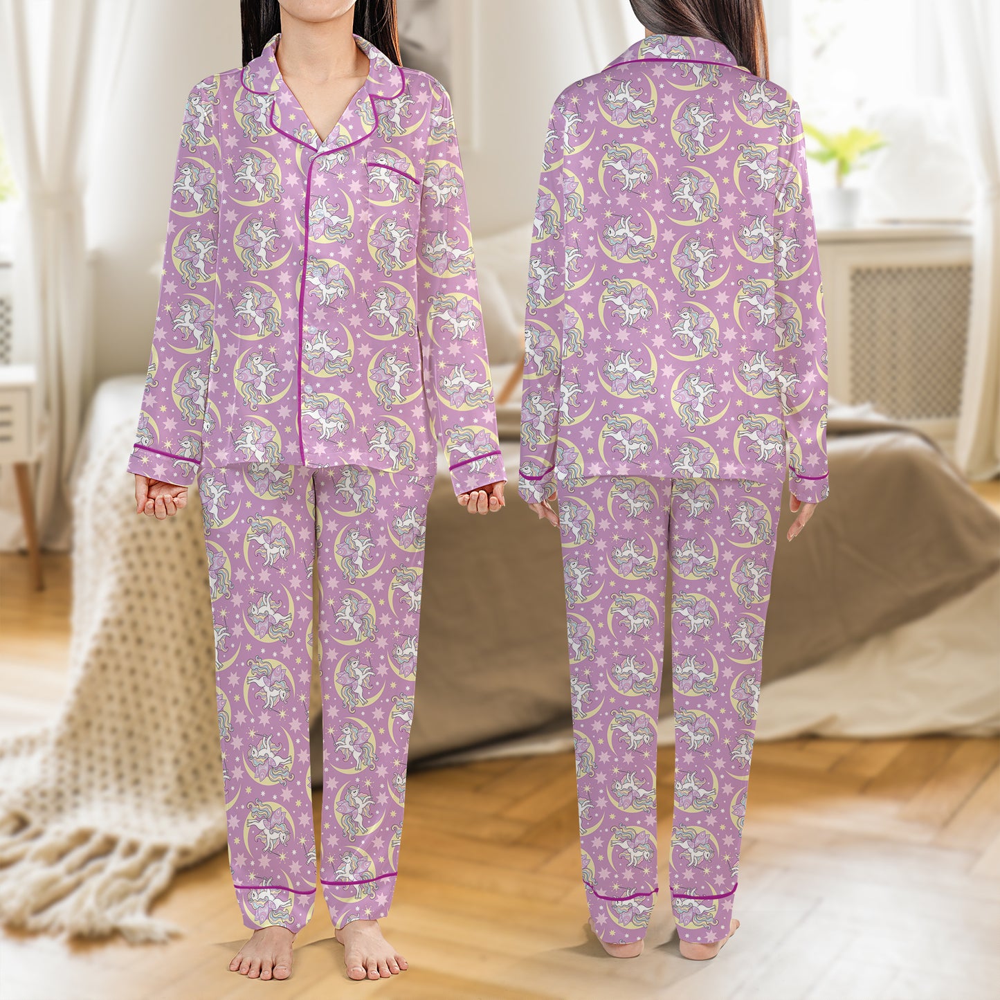 Unicorn And Crescent Moon AOP Satin Pajamas Set
