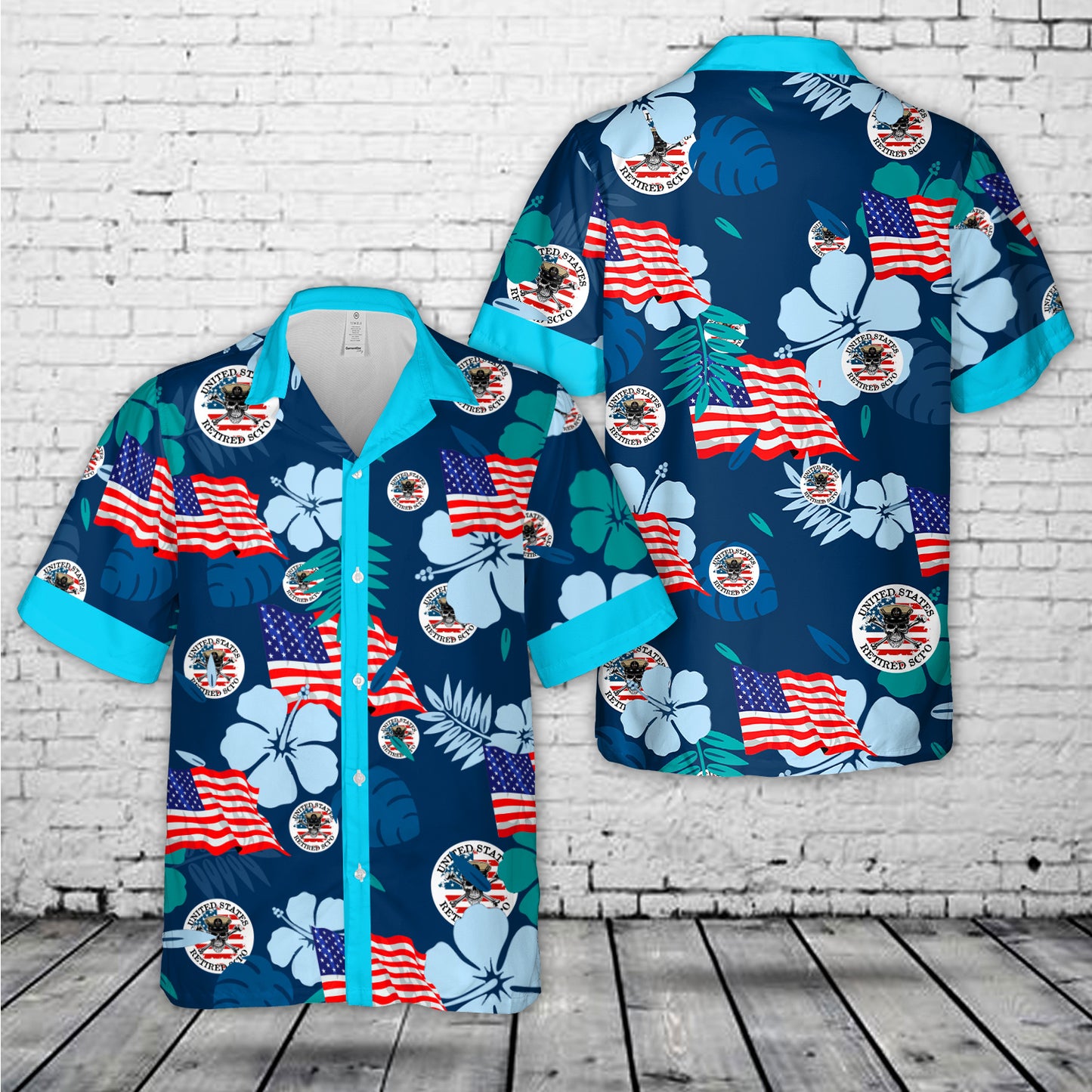 United States Retired SCPO Skull Crossbones Senior Chief Petty Officer with Distressed American Flag Hawaiian Shirt