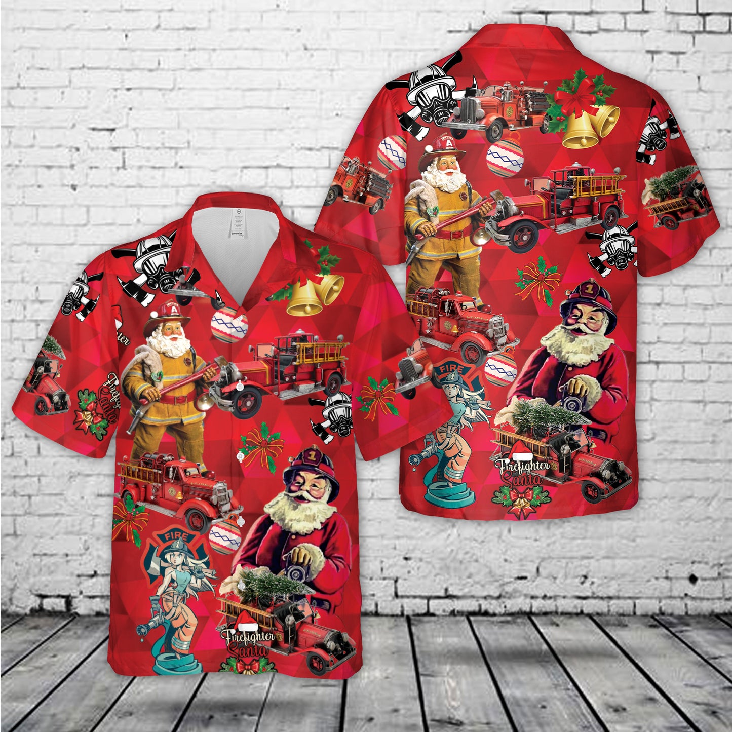 Vintage Firefighter Fire Truck Christmas Hawaiian Shirt
