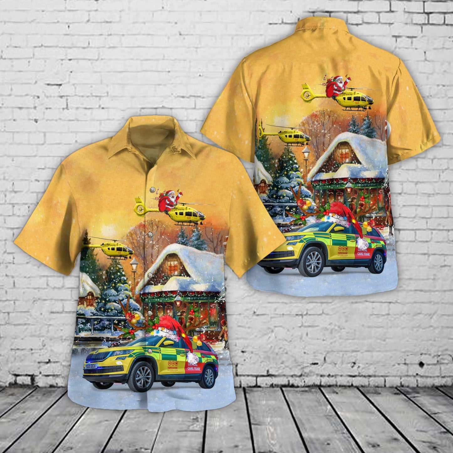 Yorkshire Air Ambulance Car & Eurocopter EC 145T2 Christmas Hawaiian Shirt