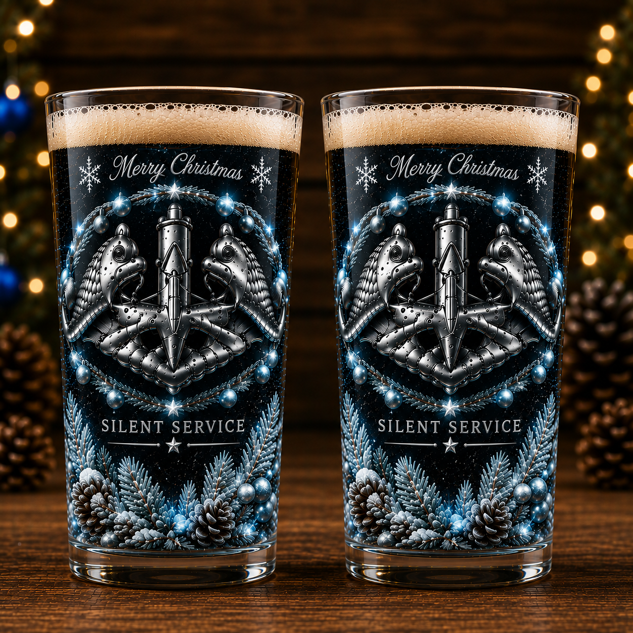 US Navy Silent Service Christmas 16oz Pint Beer Glass | Submarine Dolphins Veteran Gift