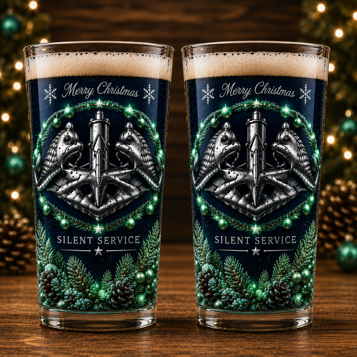 US Navy Silent Service Christmas 16oz Pint Beer Glass | Submarine Dolphins Veteran Gift