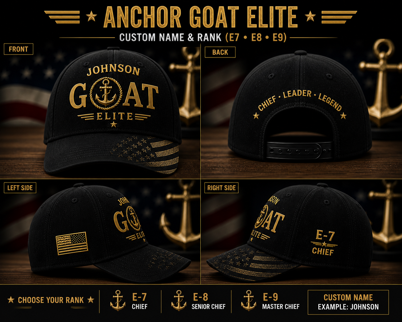 Custom US Navy Chief GOAT Legacy Baseball Cap Personalized Name Rank E7 E8 E9 Veteran Military Hat