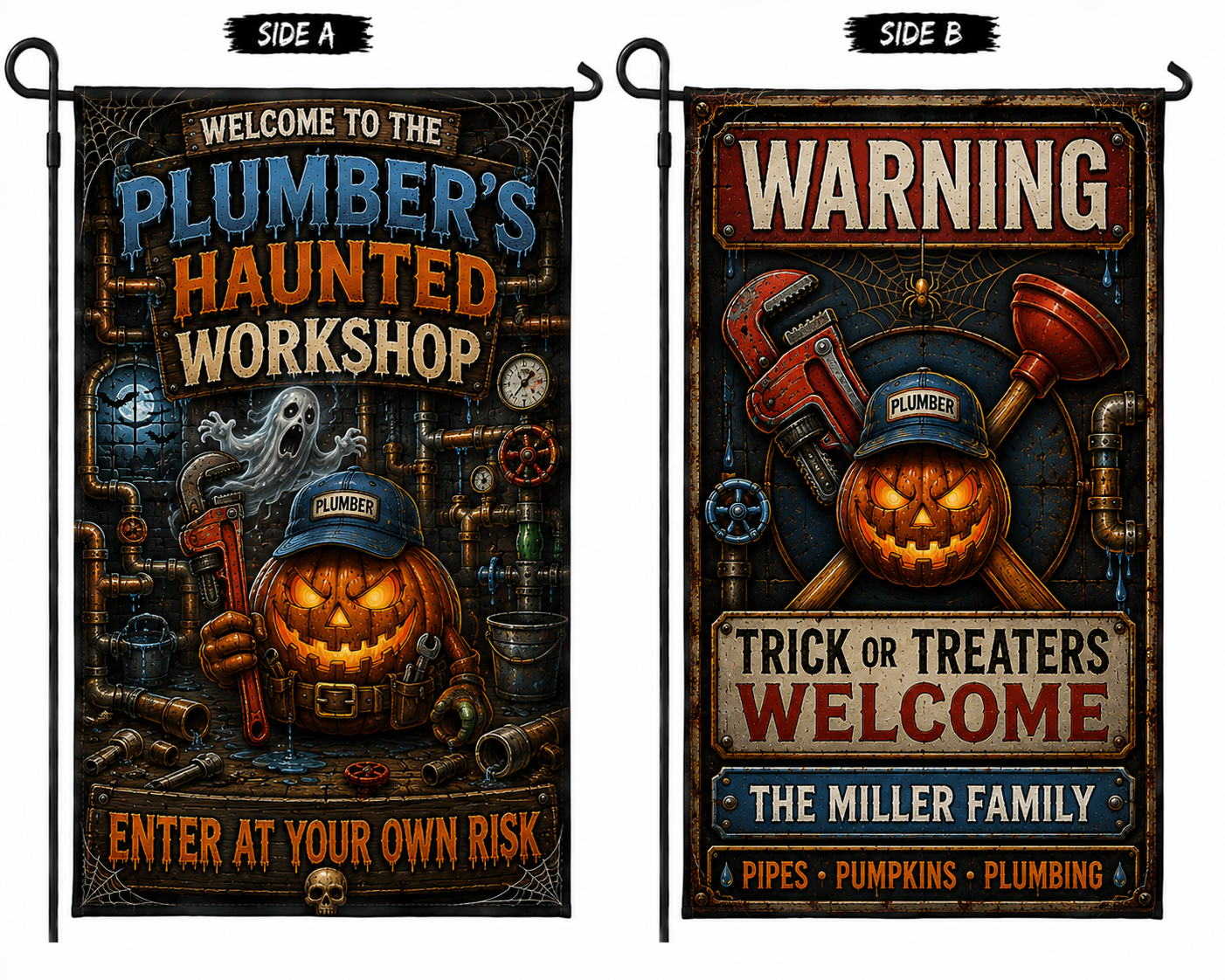 Custom Plumber Haunted Workshop Halloween Double Sided Garden Flag Personalized Family Name Yard Decor