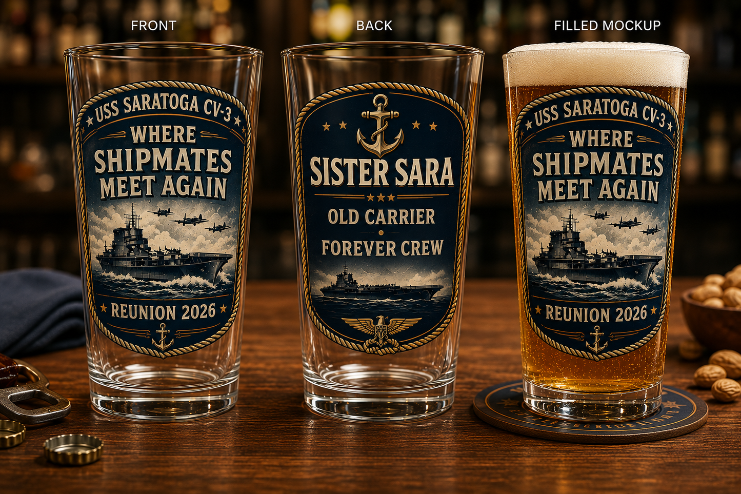 USS Saratoga CV-3 Where Shipmates Meet Again 16 oz Print Glass Beer