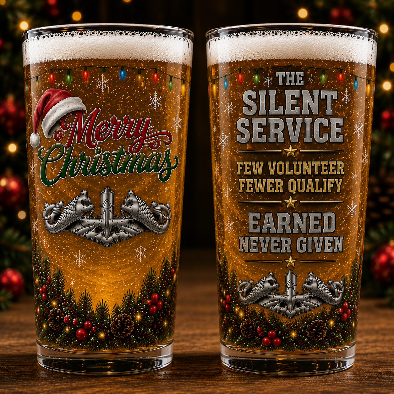 US Navy Silent Service Christmas 16oz Pint Beer Glass | Few Volunteer Fewer Qualify