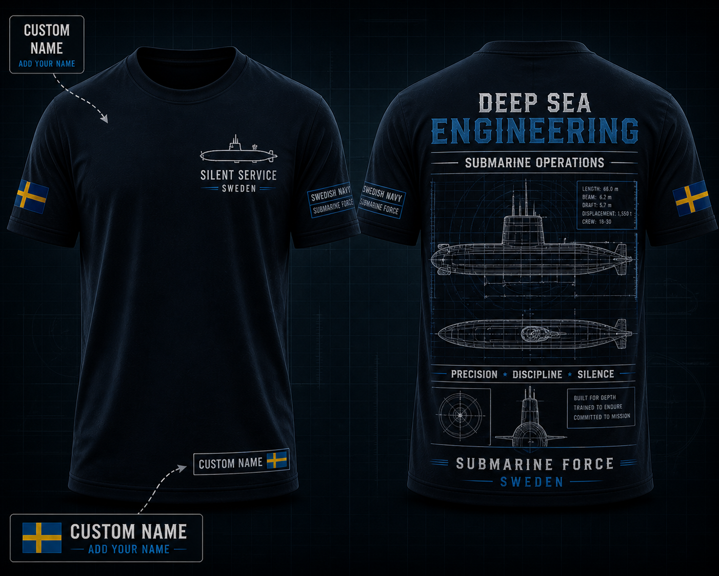 Sweden Deep Sea Engineering Submarine Shirt Technical Navy Design Tee
