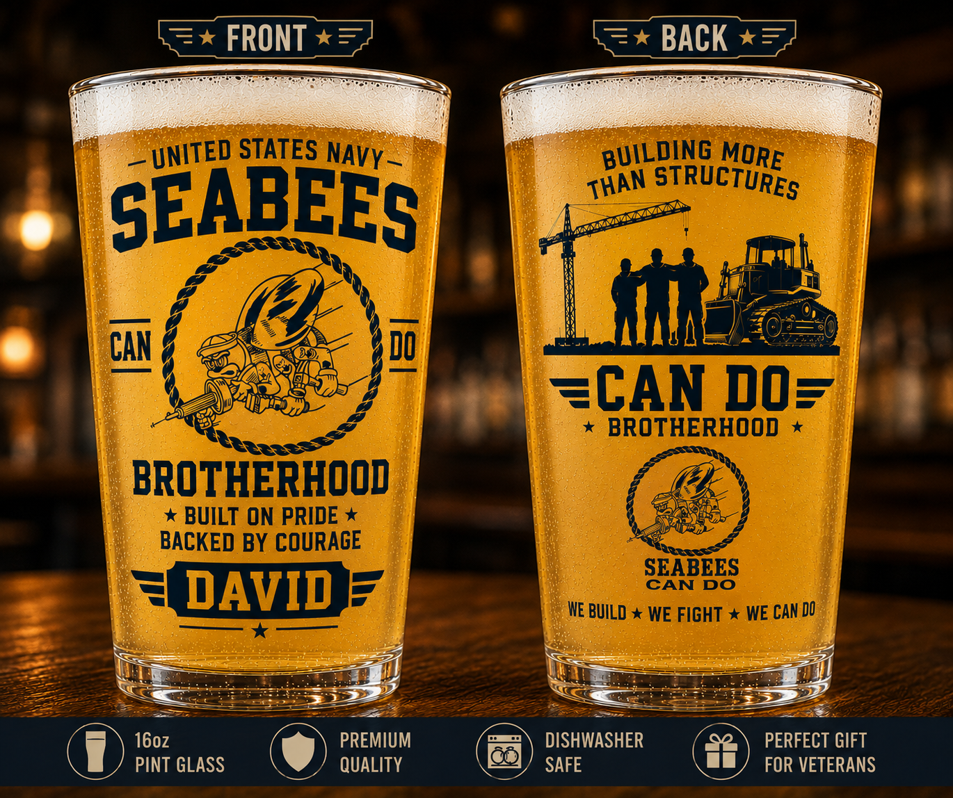 Custom Name US Navy Seabees Brotherhood 16oz Pint Beer Glass