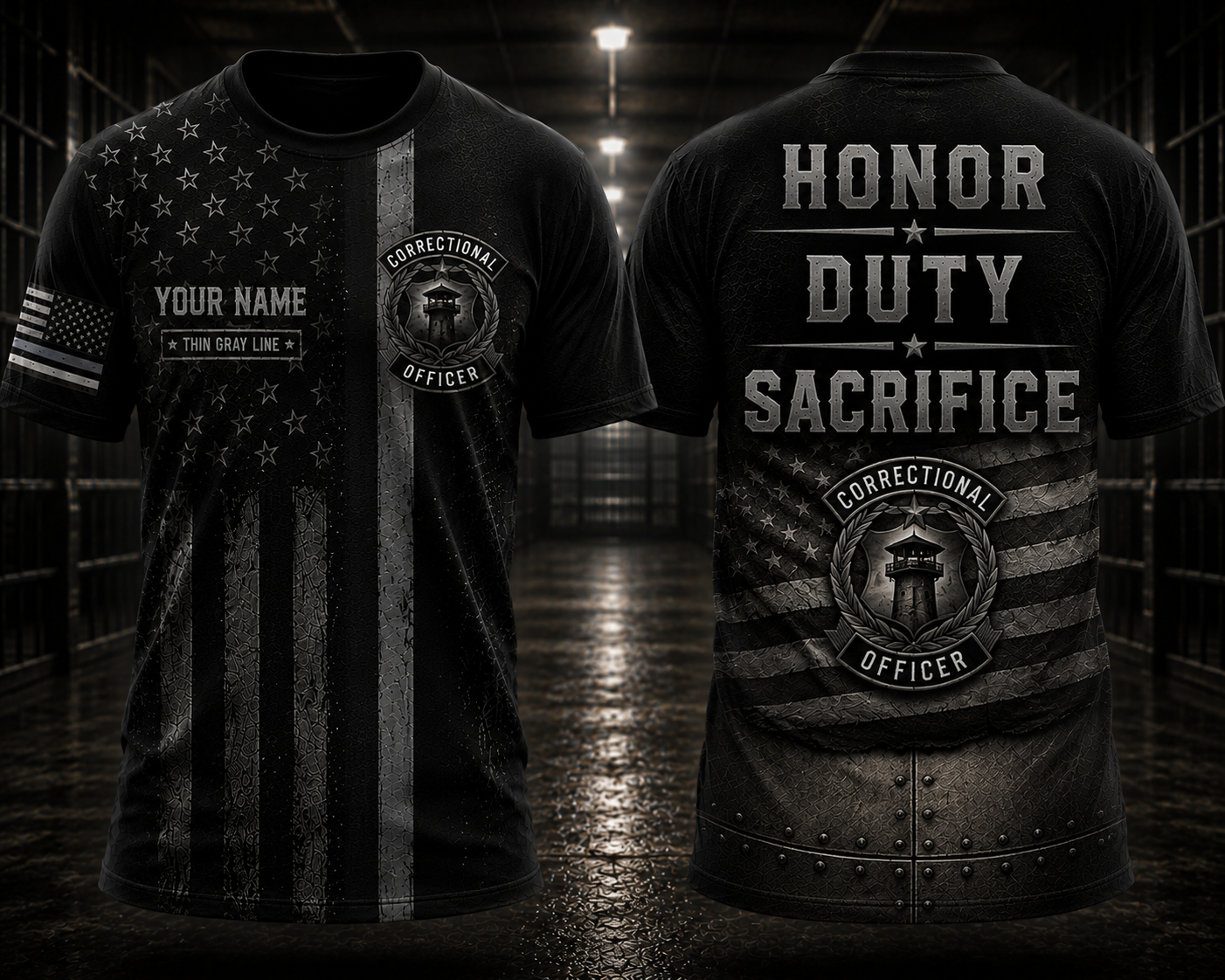 Custom Name Thin Gray Line Correctional Officer 3D T-Shirt - Honor Duty Sacrifice