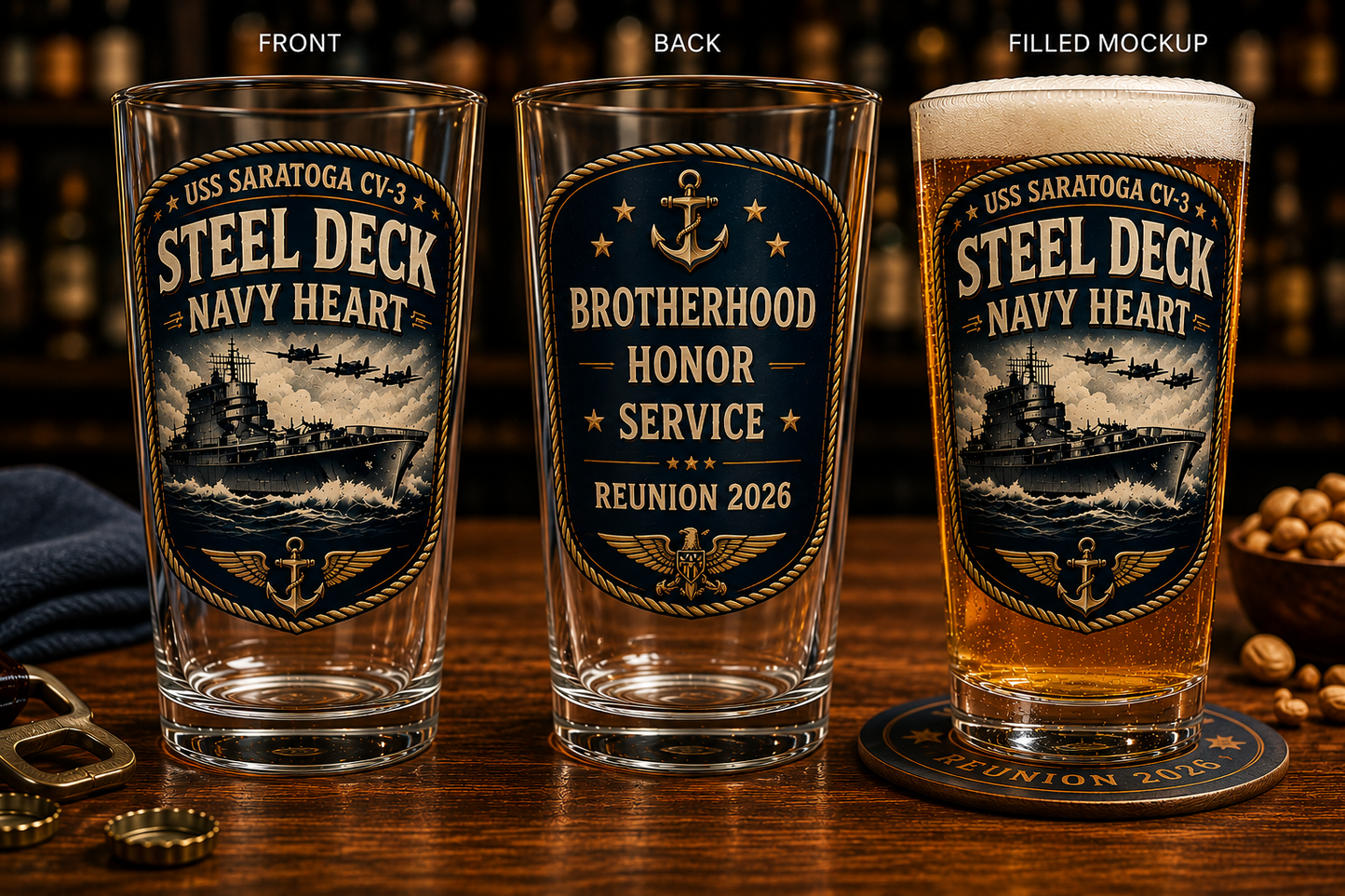 USS Saratoga CV-3 Steel Deck Navy Heart 16 oz Print Glass Beer