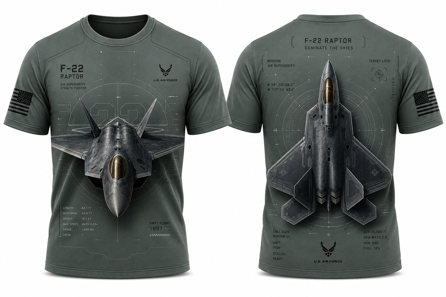 F-22 Raptor Technical Elite 3D T-Shirt Air Superiority Fighter Blueprint Tee