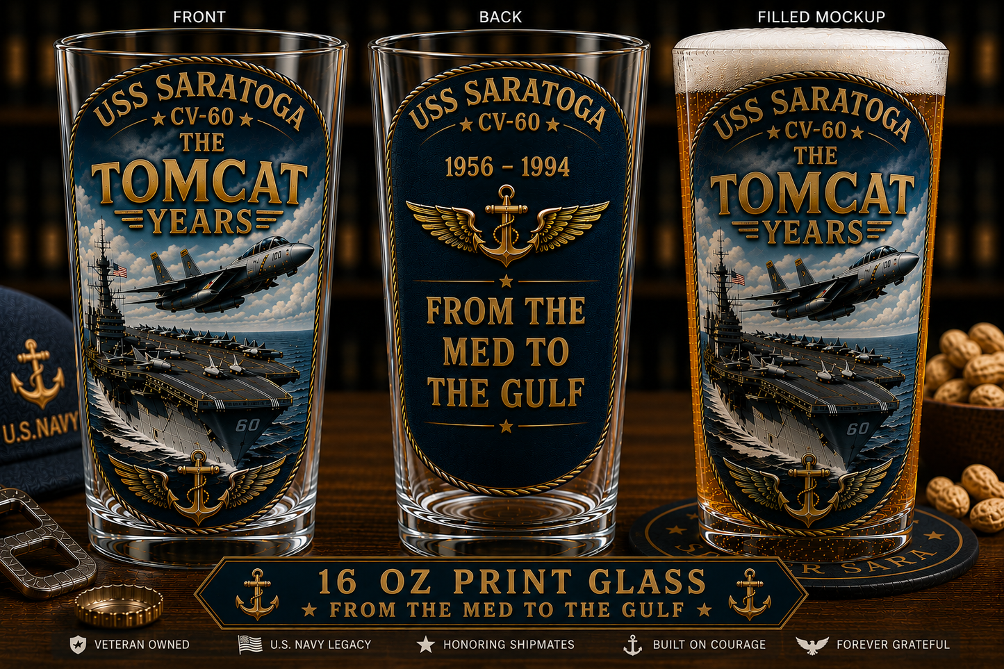 USS Saratoga CV-60 From The Med To The Gulf 16 Oz Pint Glass