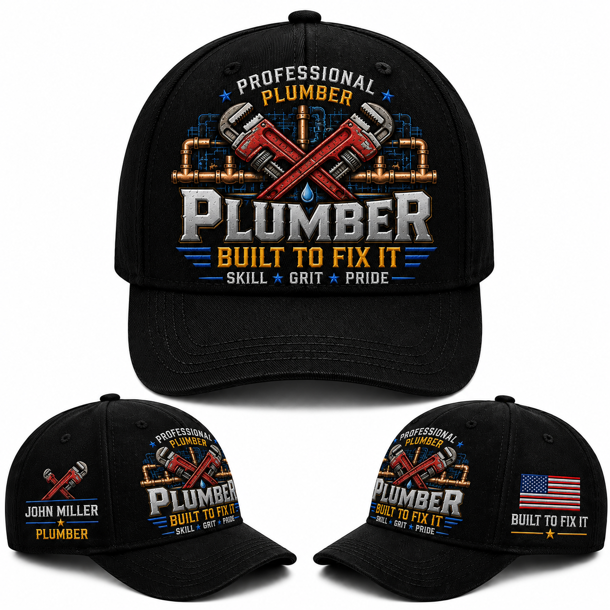 Custom Name Professional Plumber Built To Fix It Baseball Cap