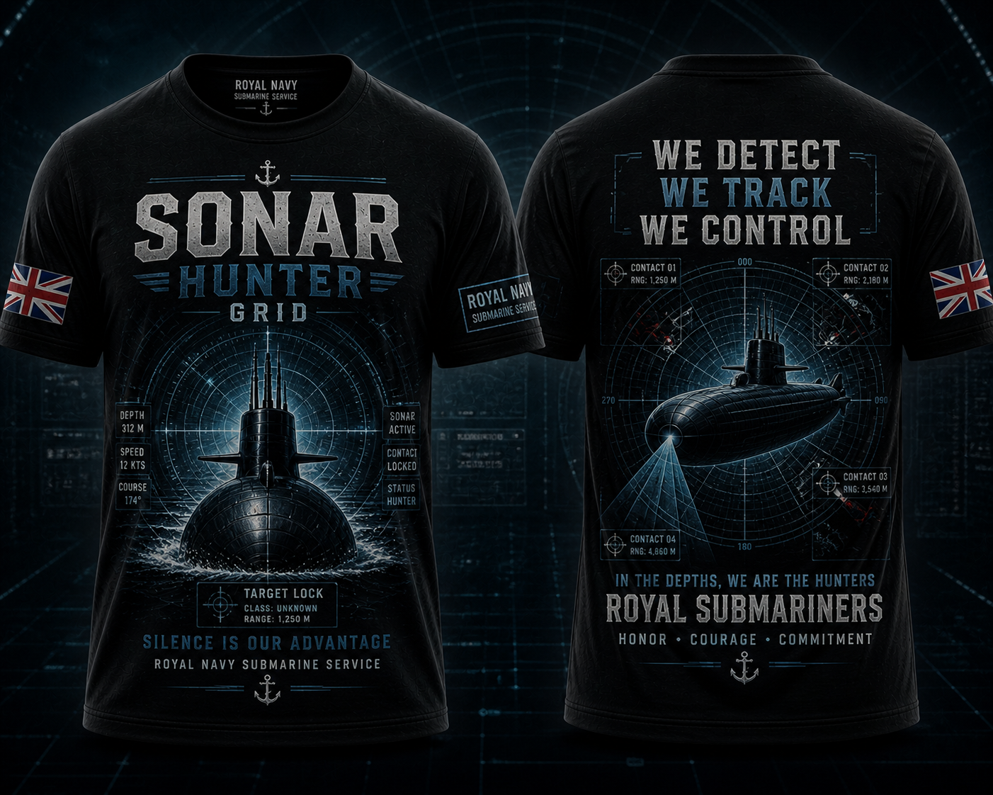 Royal Navy Sonar Hunter Grid Submarine Shirt Tactical Navy Tee