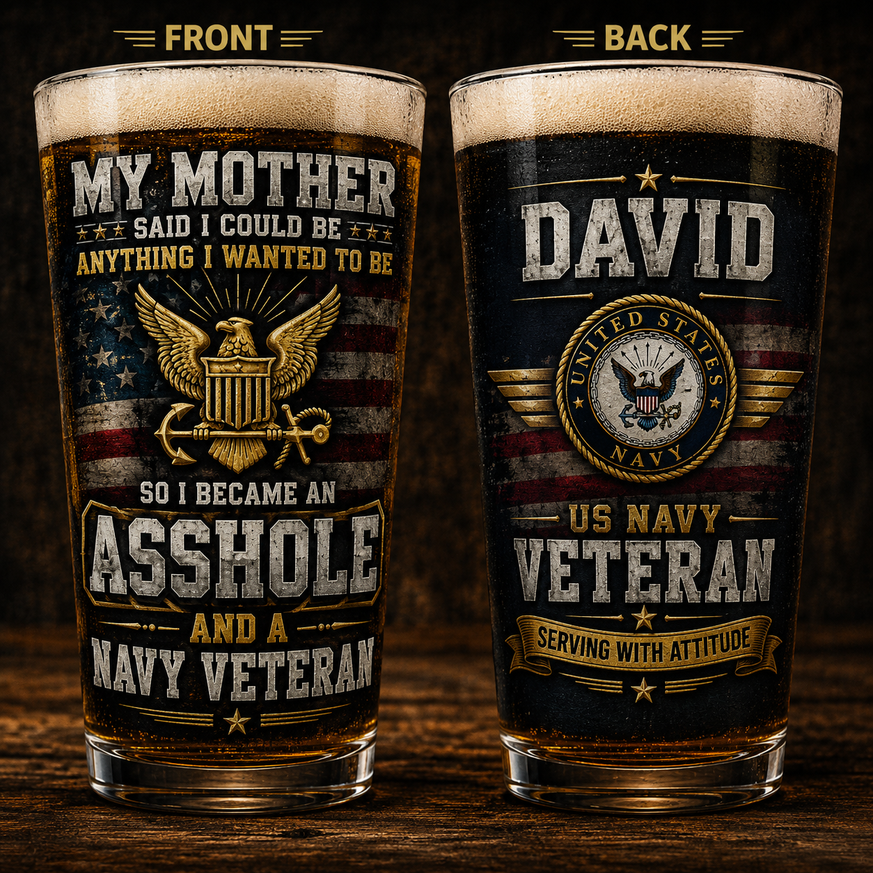Custom Name Funny US Navy Veteran 16oz Pint Beer Glass