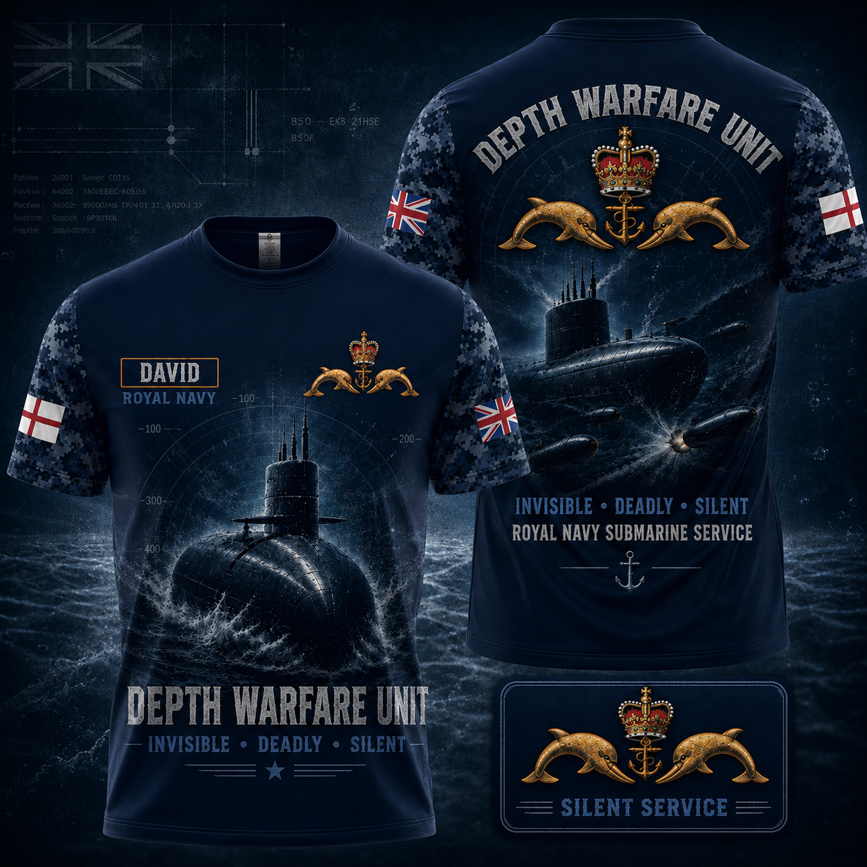 Depth Warfare Unit Invisible Deadly Silent Submarine Military Custom Name Royal Navy T-Shirt