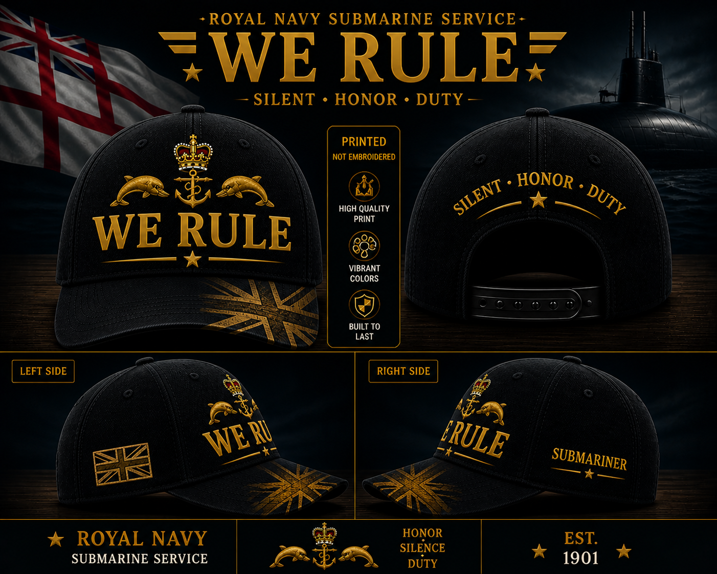 We Rule Royal Navy Submarine Cap Silent Service Military Veteran Hat