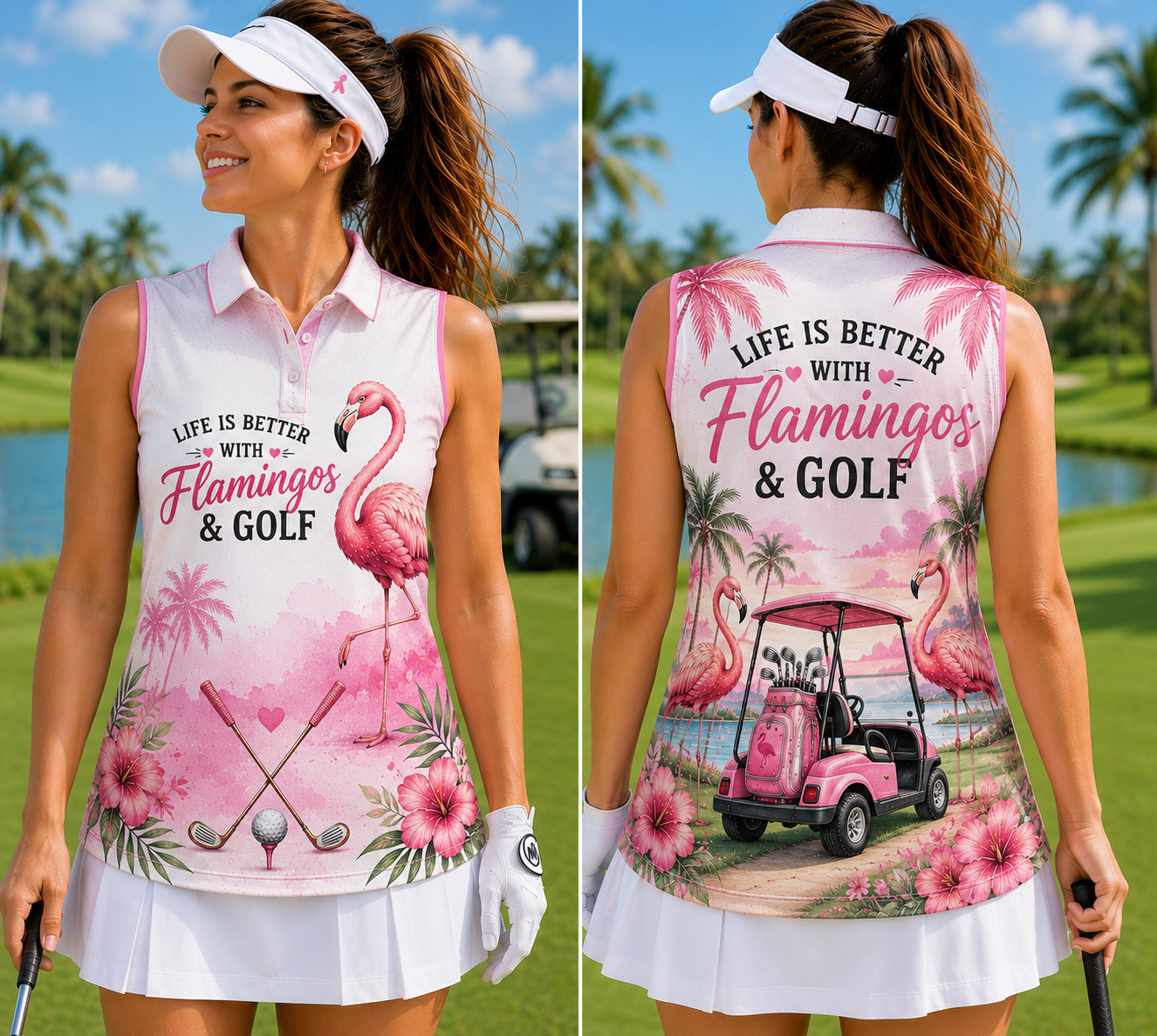 Pink Flamingo Golf Cart Paradise Women's Sleeveless Athleisure Polo Shirt