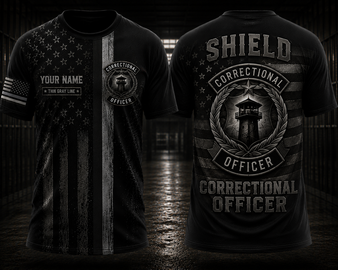 Custom Name Thin Gray Line Shield Correctional Officer 3D T-Shirt - Personalized Gift