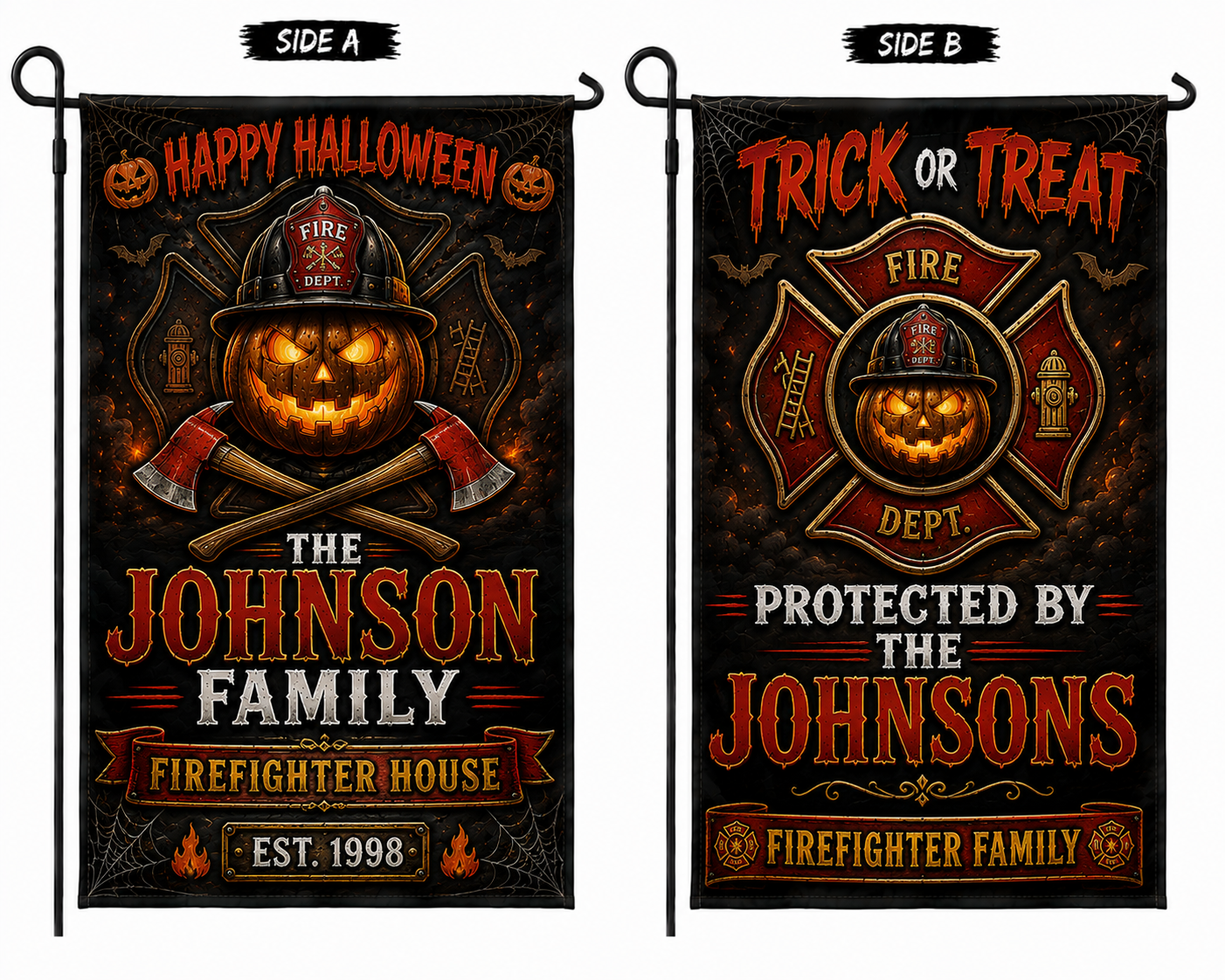 Custom Firefighter Family Halloween Double Sided Garden Flag Personalized Yard Decor