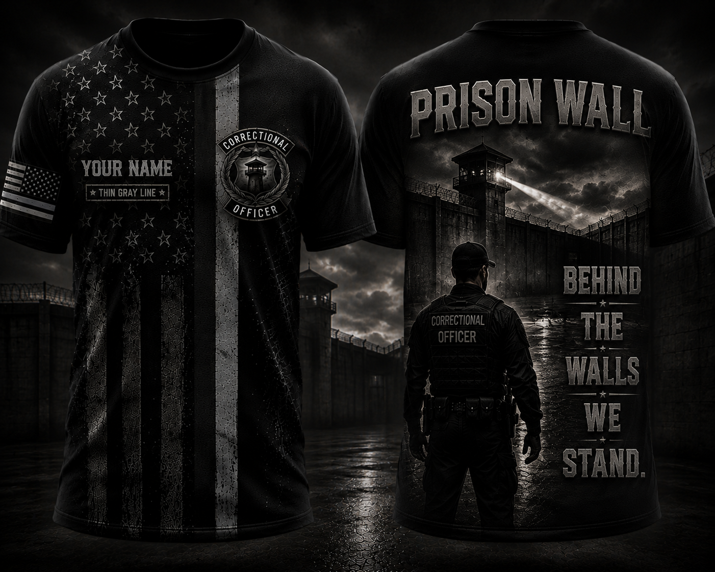 Custom Name Thin Gray Line Correctional Officer 3D T-Shirt - Behind the Walls We Stand