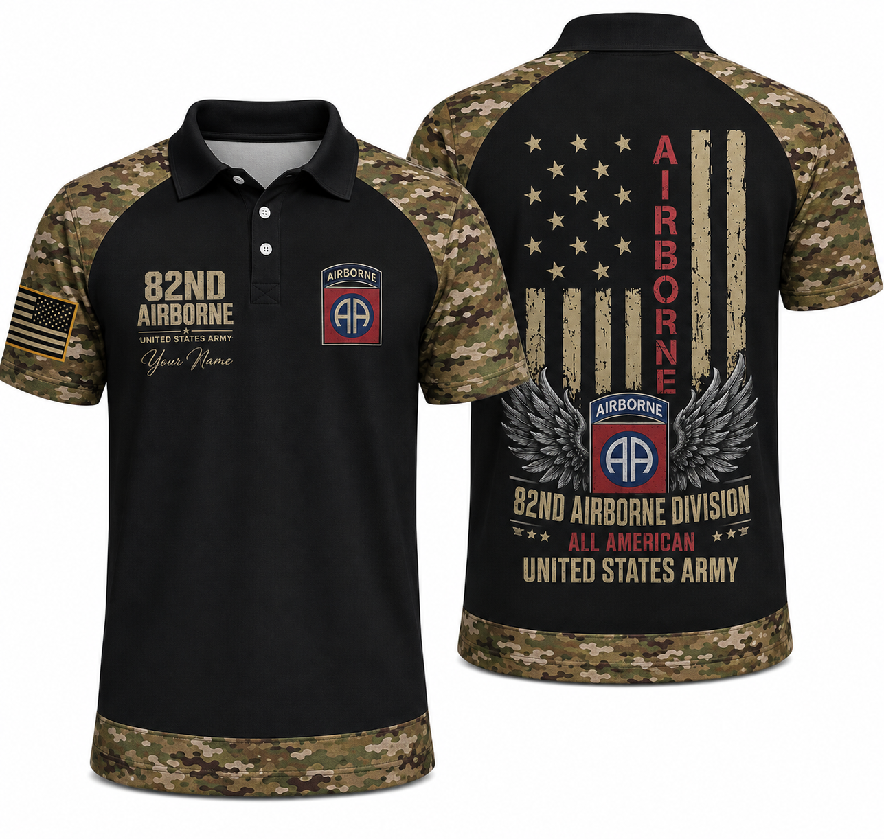 Custom Name US Army 82nd Airborne All American Camo Polo Shirt