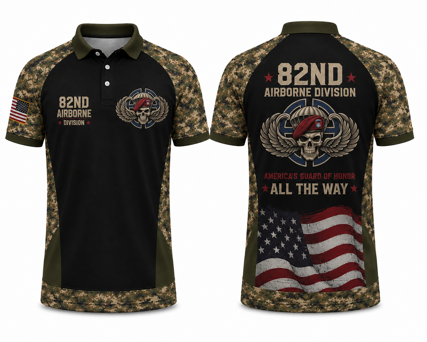 US Army 82nd Airborne Division All The Way Camo Polo Shirt