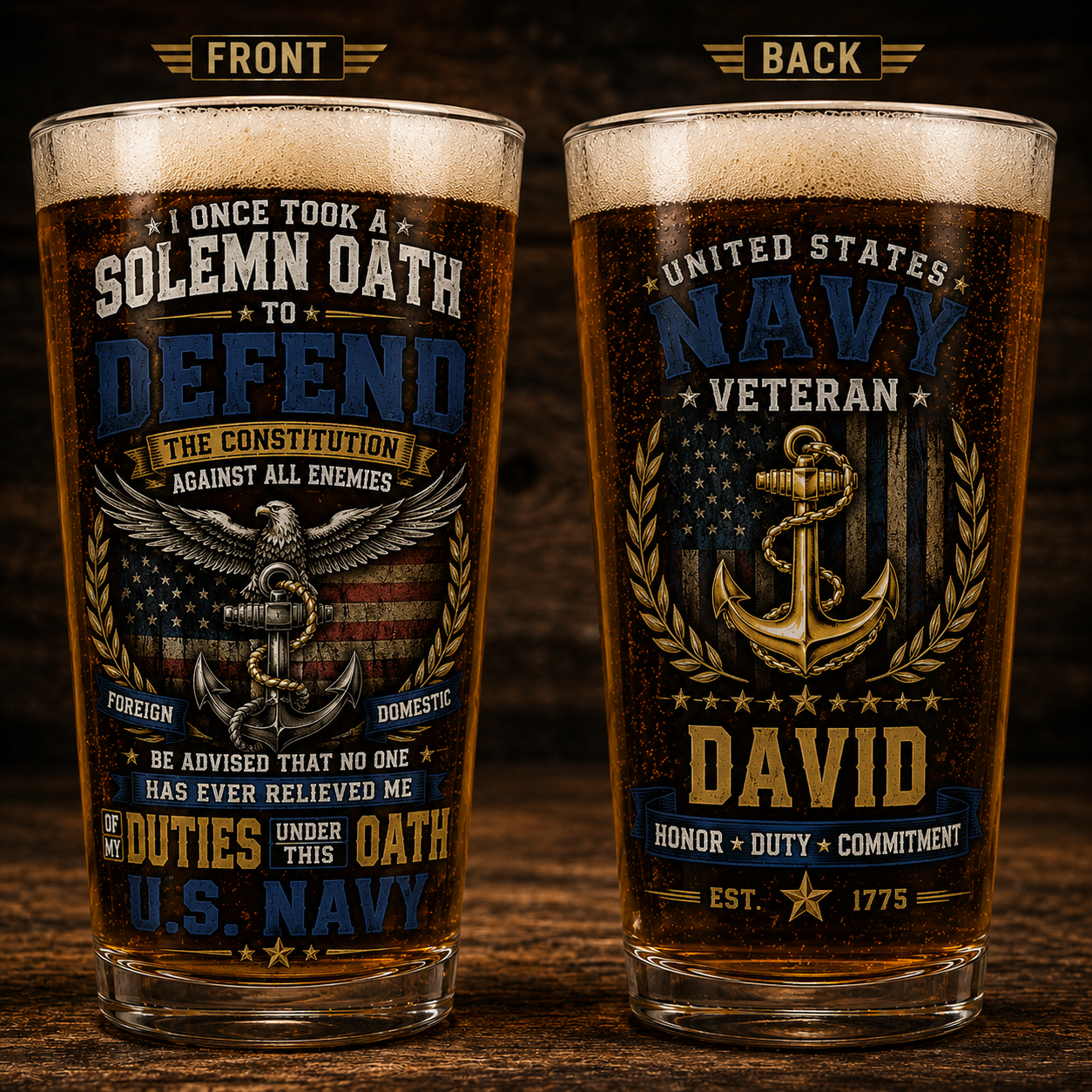 Custom Name US Navy Veteran Solemn Oath 16oz Pint Beer Glass