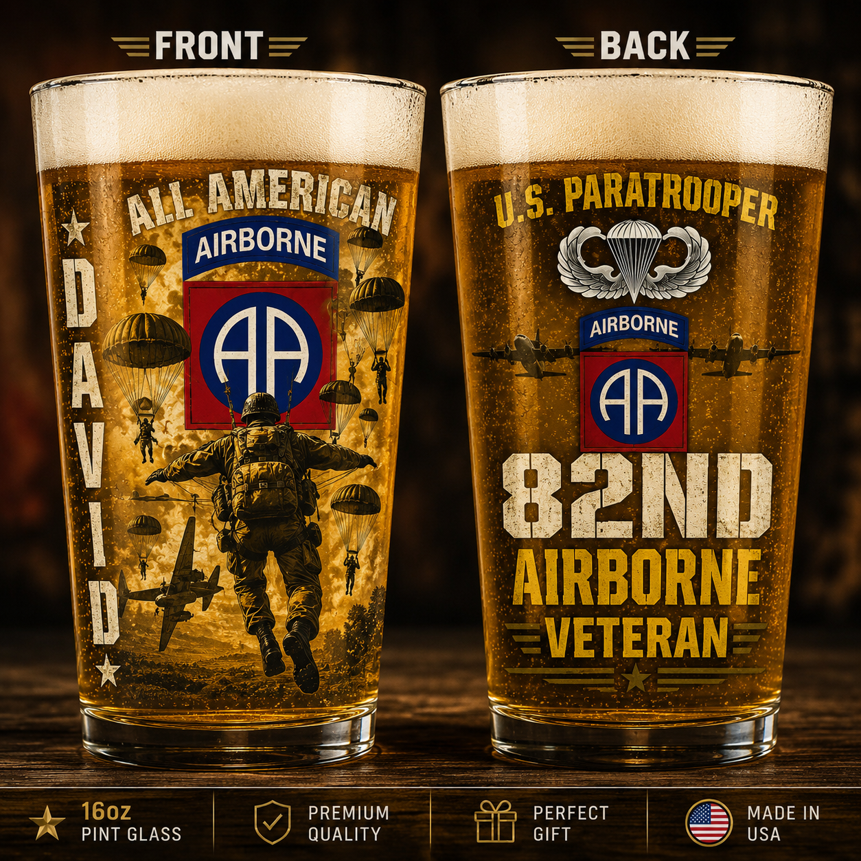 Custom Name 82nd Airborne All American Pint Beer Glass