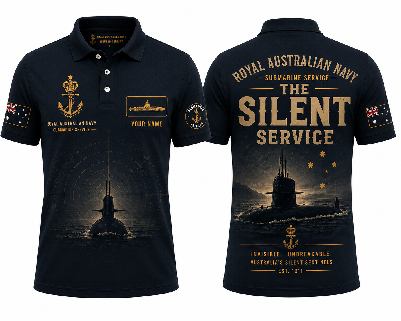 Custom Name Royal Australian Navy Silent Service Polo Shirt - Submarine Veteran Gift