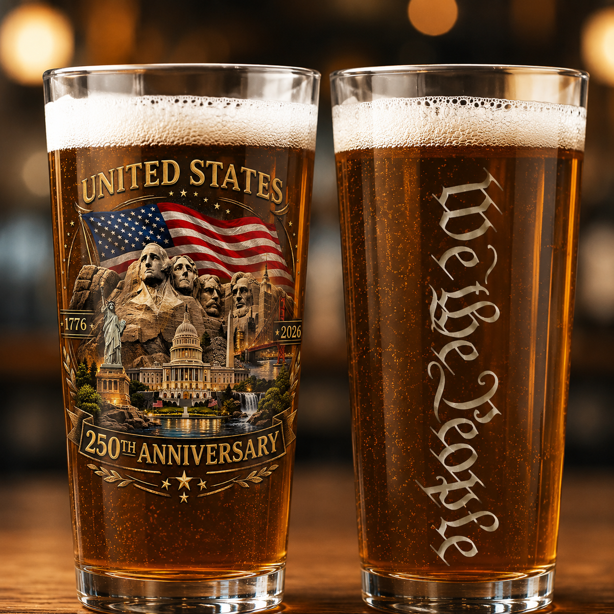 United States 250th Anniversary 1776-2026 Patriotic 16oz Pint Beer Glass We The People USA Gift