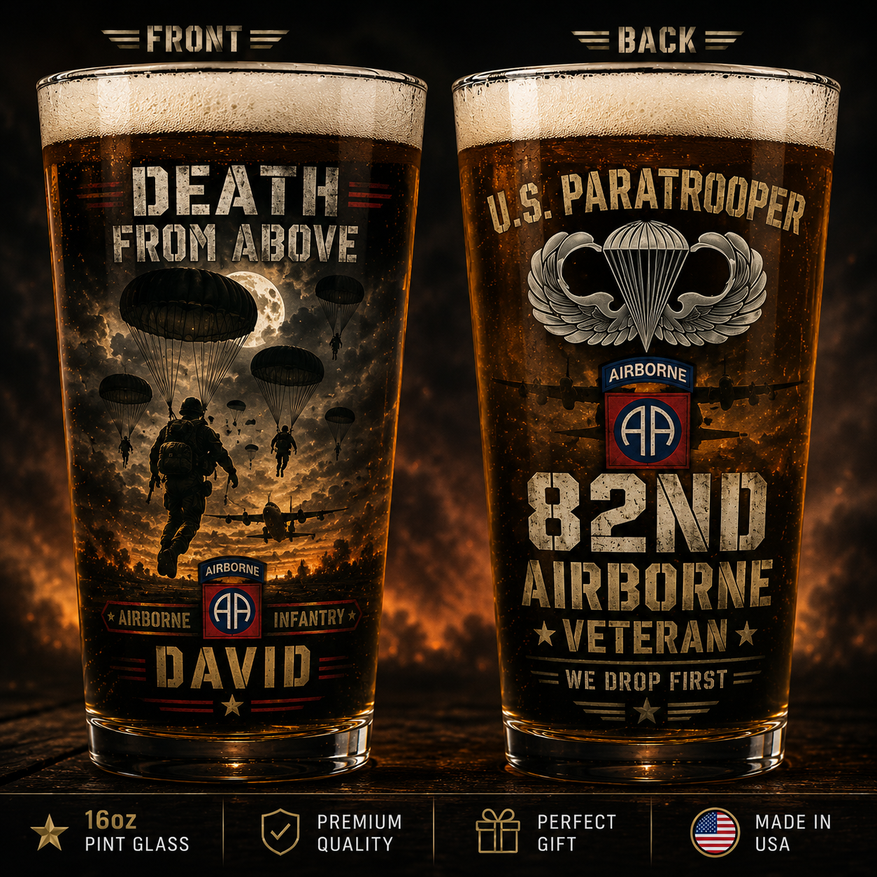 Custom Name Death From Above Airborne Pint Glass