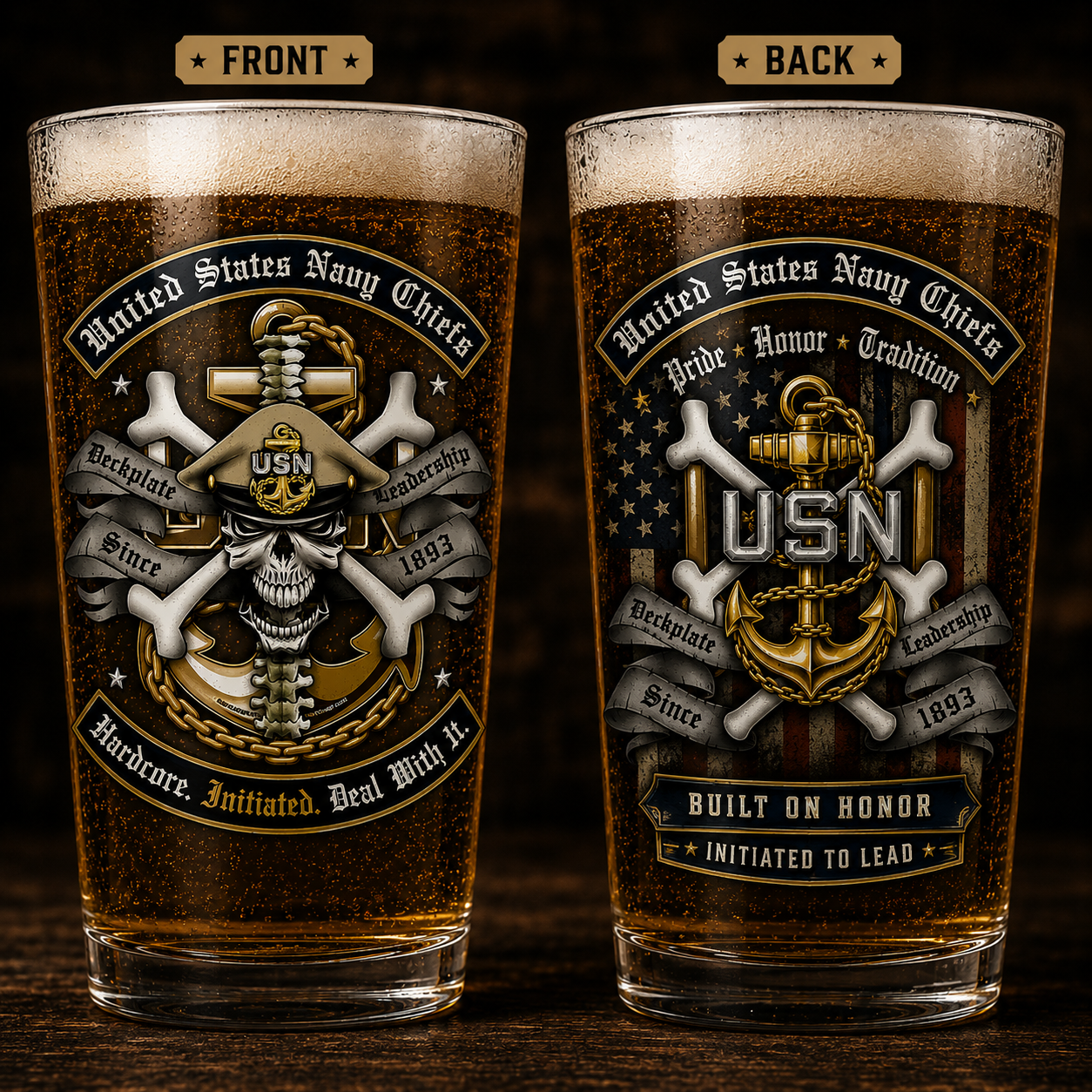 Personalized United States Navy Chiefs 16oz Pint Beer Glass