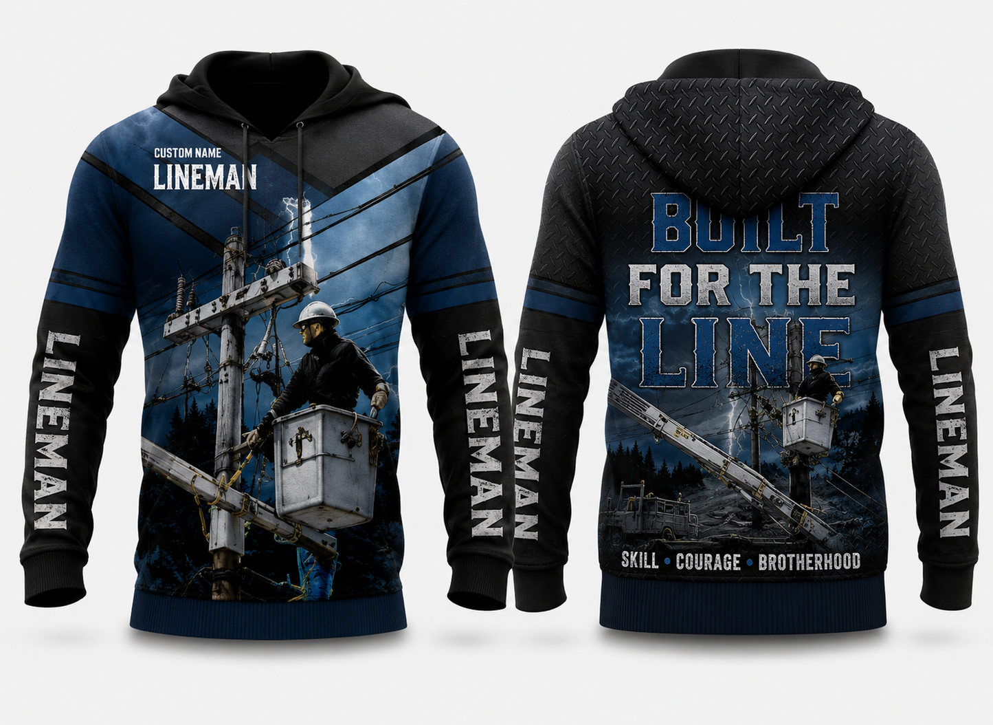 Custom Name Lineman Built For The Line Skill Courage Brotherhood 3D Hoodie