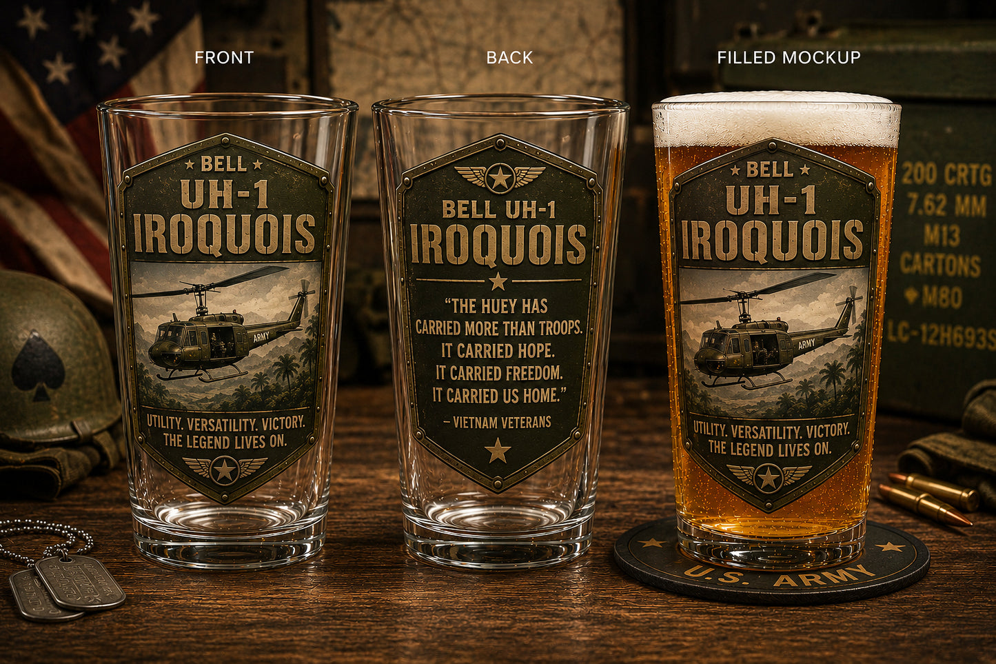 Bell UH-1 Iroquois Pint Beer Glass - Huey Helicopter Veteran Gift - US Army Aviation Barware 16 oz Print Glass Beer