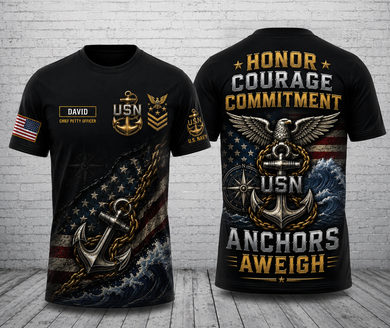 Custom Name HONOR COURAGE COMMITMENT US Navy Chief 3D T-Shirt