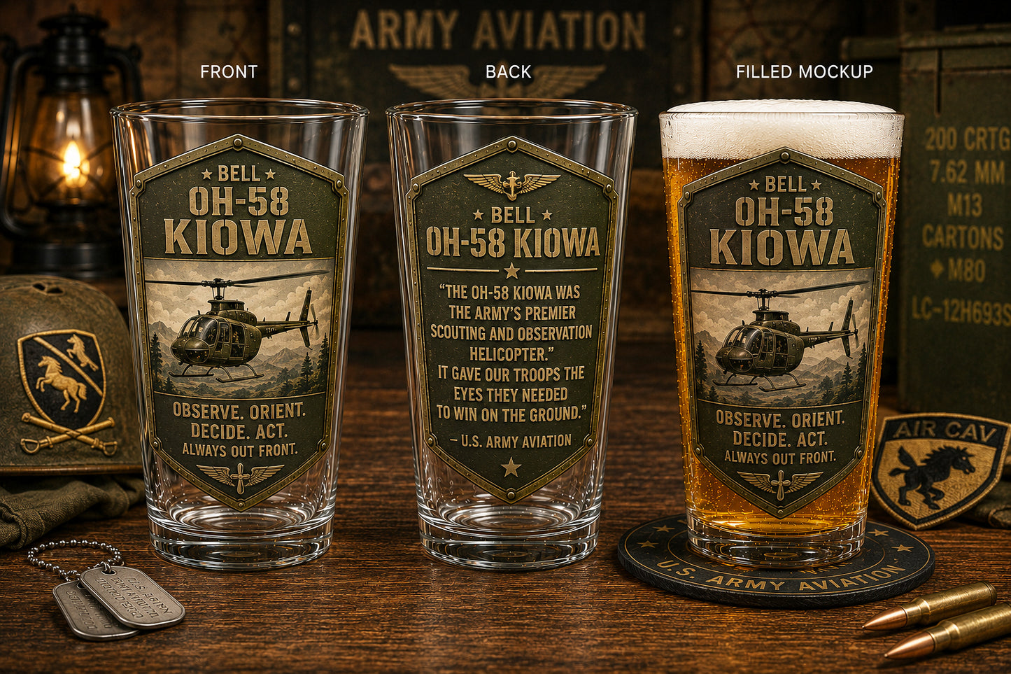 Bell OH-58 Kiowa Pint Beer Glass – US Army Scout Helicopter Veteran Gift – Military Aviation Barware 16 oz Print Glass Beer