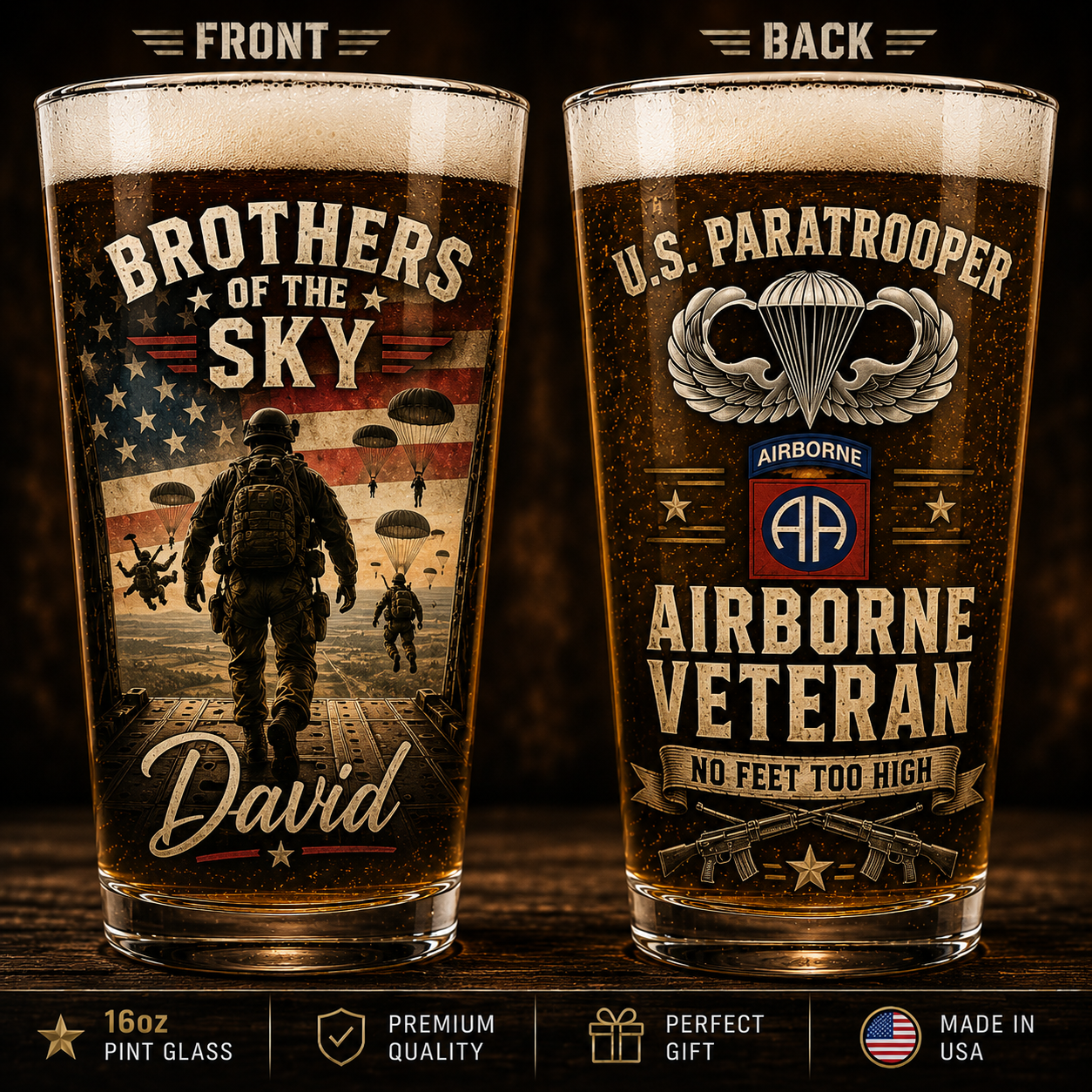 Personalized US Paratrooper Veteran Beer Pint Glass