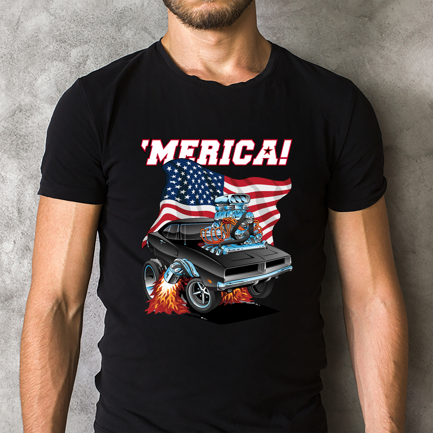 Merica Patriotic Classic Muscle Car with USA Flag Classic Unisex T-Shirt Gildan 5000 (Made In US) DLQD1004PT07