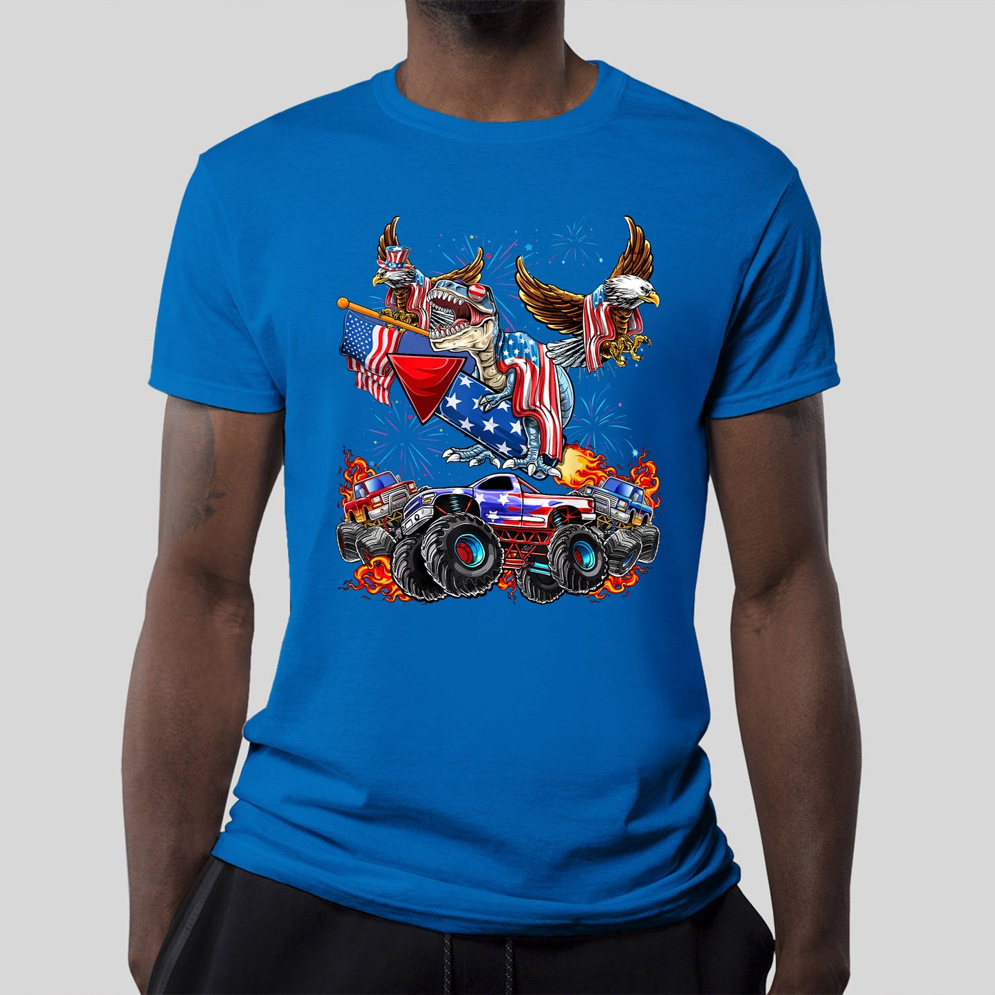 4th Of July Dinosaur Monster Truck Bald Eagle American Flag Classic Unisex T-Shirt Gildan 5000 (Made In US) DLQD1204PT05